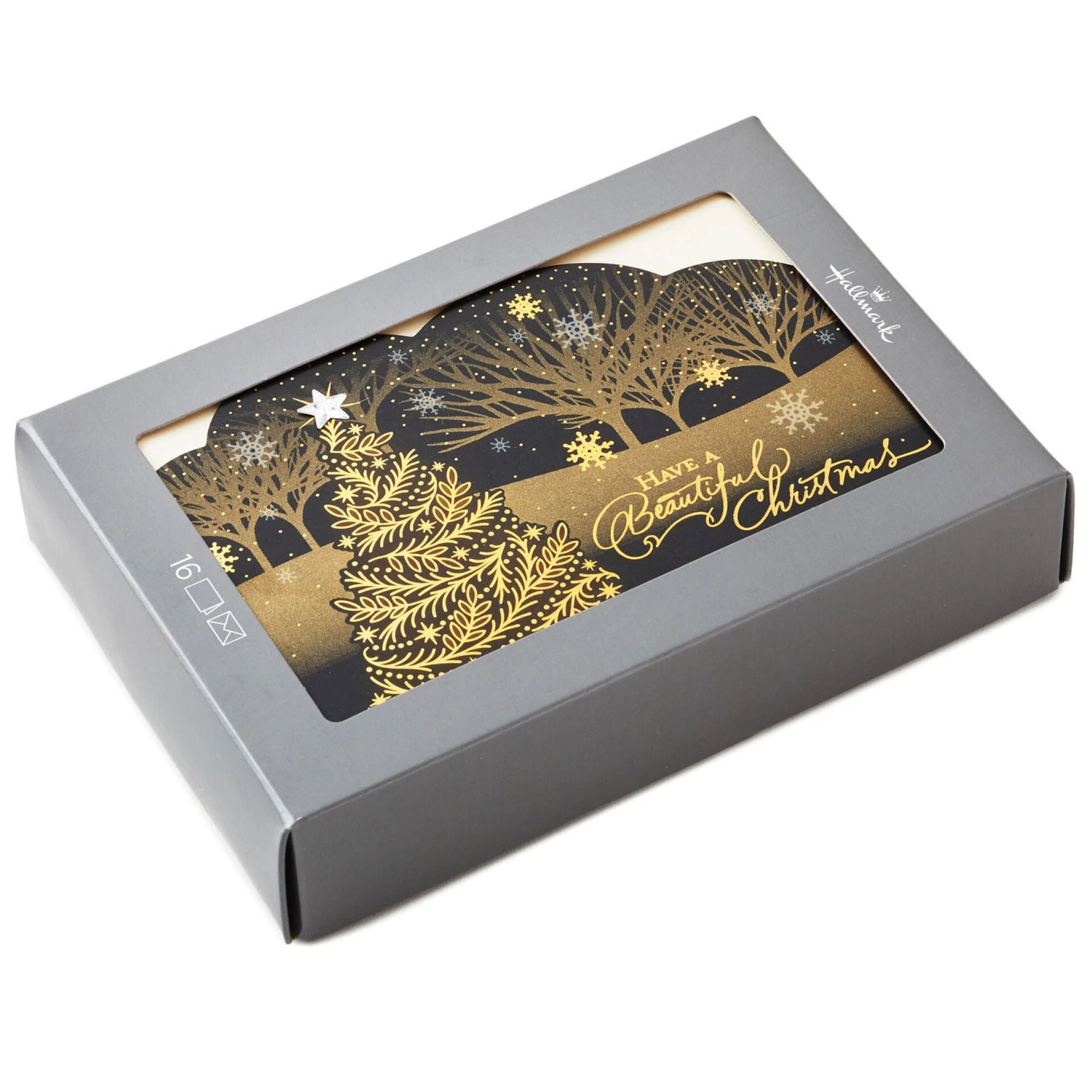 Hallmark Elegant Tree On Black Boxed Christmas Cards, Pack Of 16 3 Hallmark Elegant Tree On Black Boxed Christmas Cards, Pack Of 16